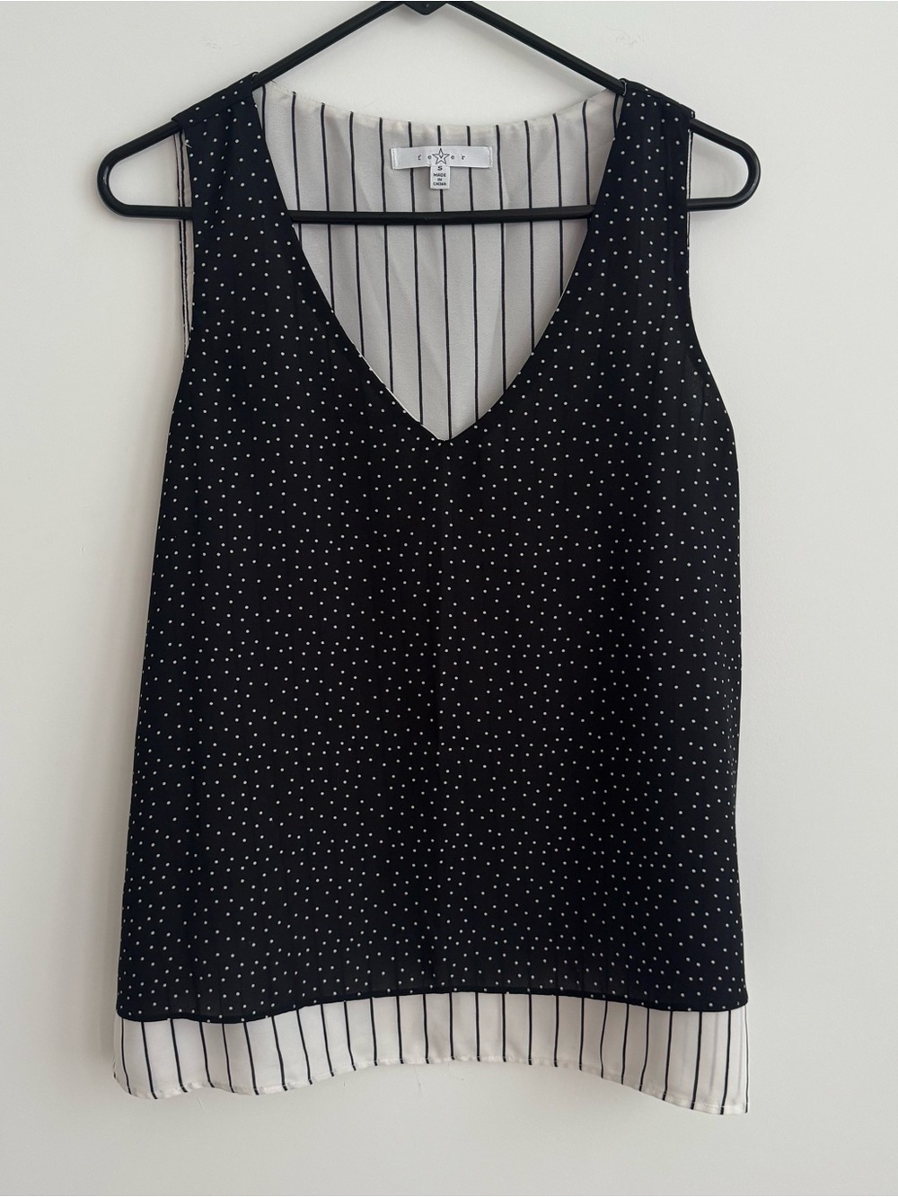 FEVER brand double layered Black Polka Dot stripe V-Neck Shell Top